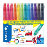 Pilot Frixion Colors 12-pack of erasable gel pens in a clear plastic case with a yellow and blue label, showing a variety of colors including pink, orange, yellow, green, blue, purple, and black.