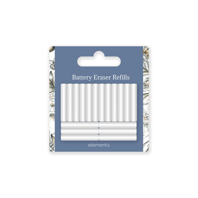 Pack of white battery eraser refills in a blue carded packaging with floral borders, labeled 'Battery Eraser Refills' and 'elements'.