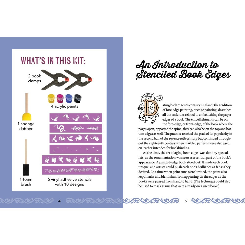 A printed booklet or instruction sheet showing a kit contents panel on the left with illustrations of tools and paint brushes, and a right-hand page with text titled 'An Introduction to Stenciled Book Edges' and decorative lettering.