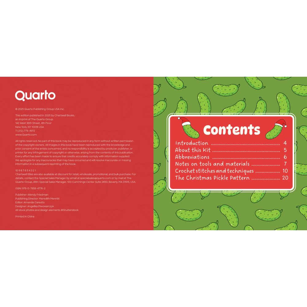 A flat lay of a crochet pattern booklet titled 'Quarto' showing the back cover on the left with red background and white text, and the front cover on the right with a green background patterned with green pickles and a red 'Contents' box.