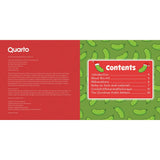 A flat lay of a crochet pattern booklet titled 'Quarto' showing the back cover on the left with red background and white text, and the front cover on the right with a green background patterned with green pickles and a red 'Contents' box.