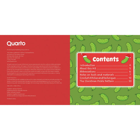 A flat lay of a crochet pattern booklet titled 'Quarto' showing the back cover on the left with red background and white text, and the front cover on the right with a green background patterned with green pickles and a red 'Contents' box.