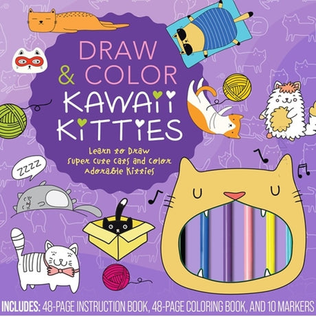 Front cover of a children's drawing and coloring book titled "Draw & Color Kawaii Kitties" on a purple background, surrounded by cartoon cats, yarn balls, a pencil, and a large open mouth showing colored pencils inside.