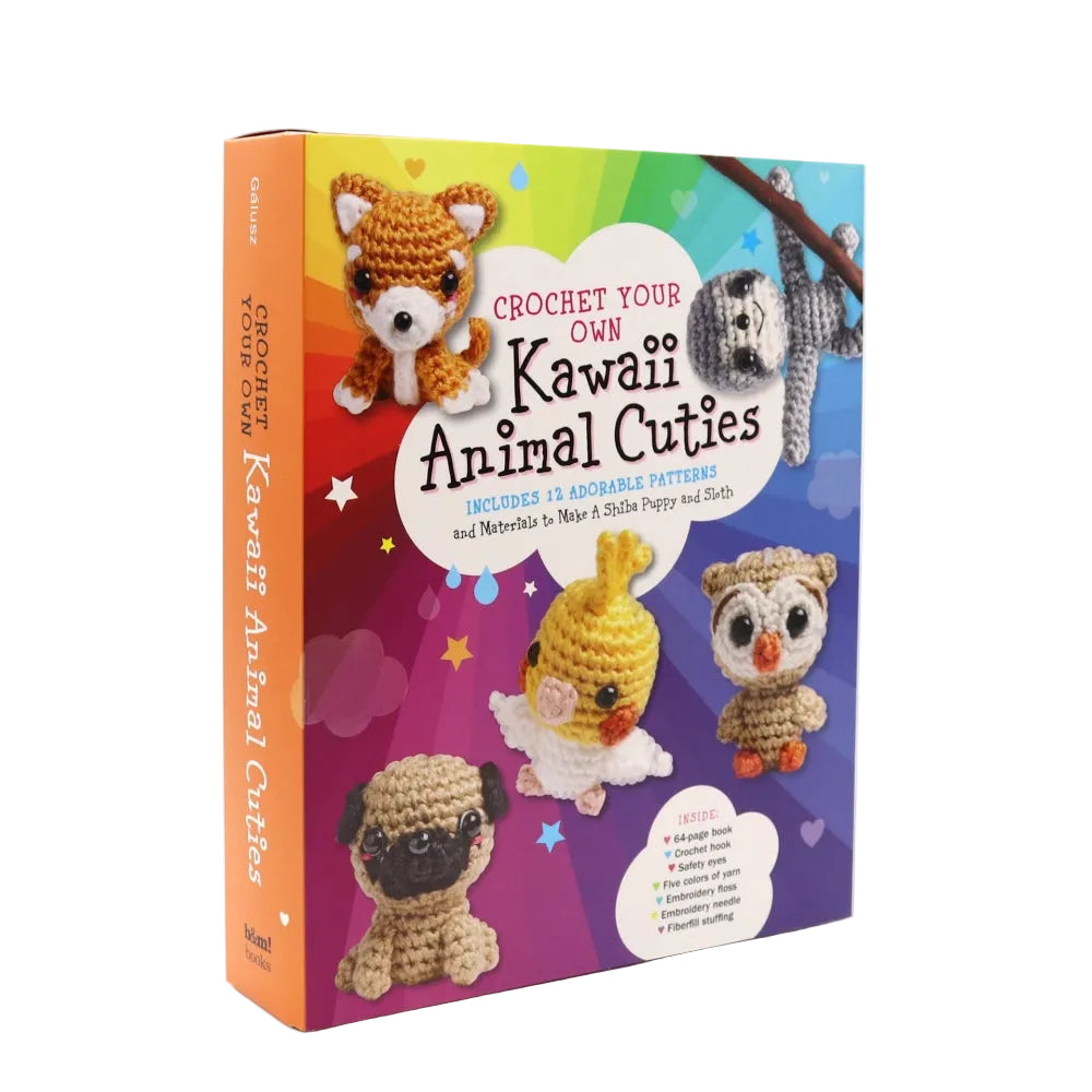 Crochet Your Own Kawaii Animal Cuties book with a colorful cover showing crocheted animal characters including a fox, chick, owl, and pug on a rainbow gradient background.