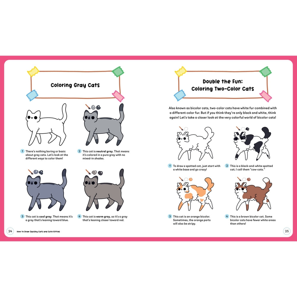 A two-page spread from a children's coloring book showing how to draw gray and two-color cats. The pages feature illustrations of cat drawings with color guides, step-by-step instructions, and a pink border on a white background.