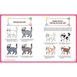 A two-page spread from a children's coloring book showing how to draw gray and two-color cats. The pages feature illustrations of cat drawings with color guides, step-by-step instructions, and a pink border on a white background.