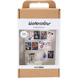 Packaging of watercolor art set with sample artworks on a white background