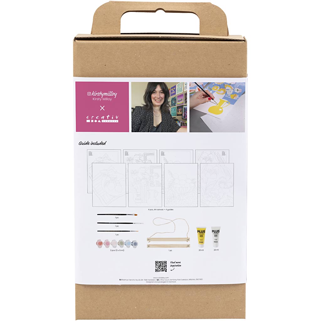 craft kit packaging with a an artist named kirsty molloy, paintbrush, and colour swatches on a white background
