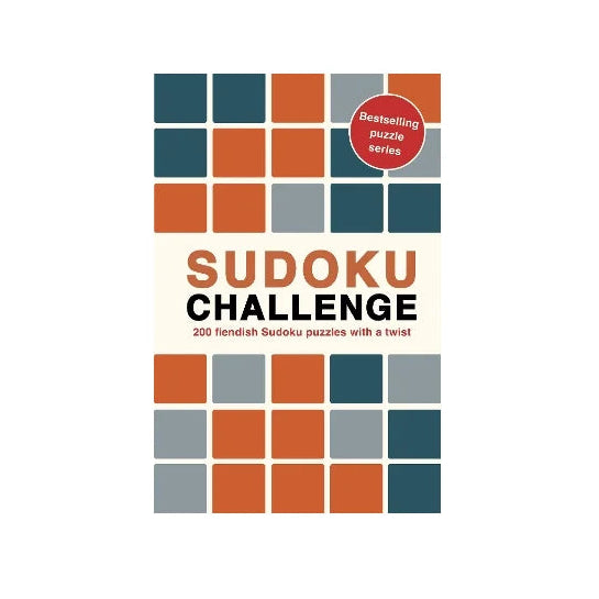 Sudoku Challenge book cover with colored squares and text on a white background