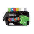 Liquitex Create 11 Mixed Media Techniques Mixtes in a black zippered pouch with a colorful printed label and paint swatches visible above the zipper, on a white background.