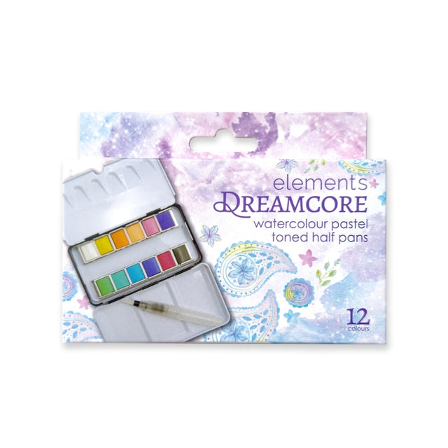 Elements Dreamcore watercolour pastel toned half pans in a 12-count metal case, shown in its retail packaging with a pastel watercolor design.
