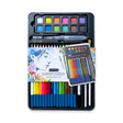 A watercolour art set in a black metal collection tin, including a watercolor palette, colored pencils, paint tubes, brushes, and a printed watercolour paper pack, shown on a plain white background.