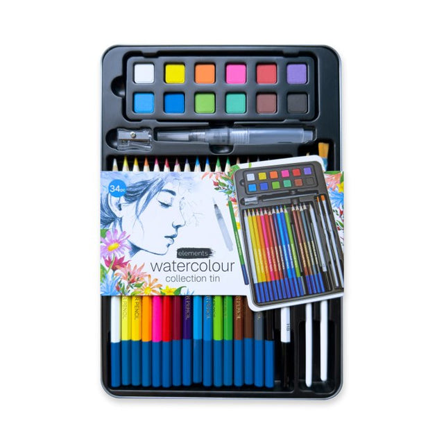 A watercolour art set in a black metal collection tin, including a watercolor palette, colored pencils, paint tubes, brushes, and a printed watercolour paper pack, shown on a plain white background.