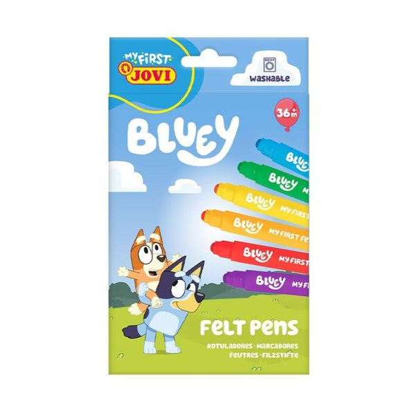 Bluey My First Jovi Felt Pen set in its retail packaging, featuring a blue sky and grass background with illustrations of Bluey and Bingo, and five colorful felt pens shown on the right.