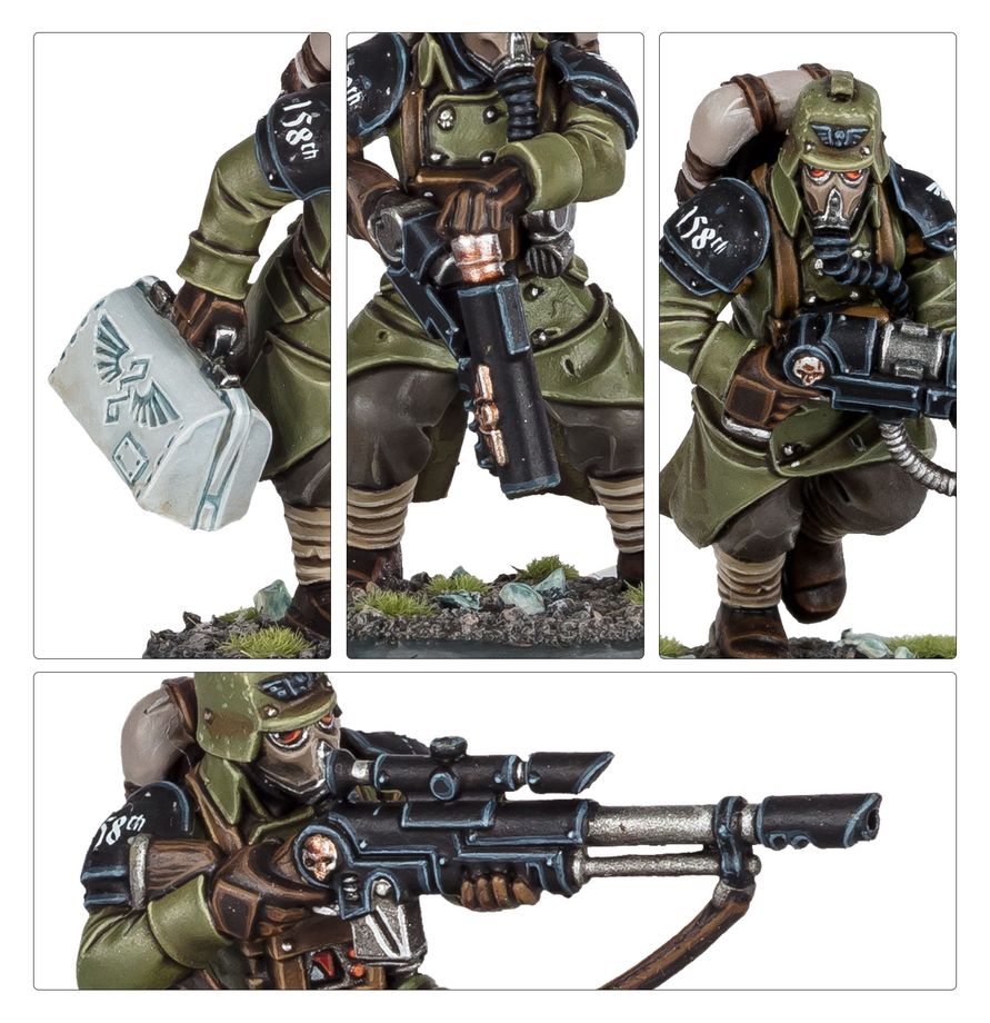 Collage of a detailed figurine in military attire with weapons on a white background