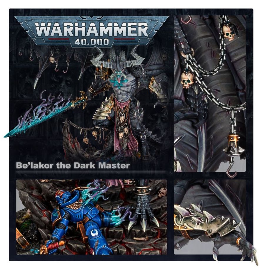 Warhammer 40,000 figurine packaging featuring Be'lakor the Dark Master with detailed artwork.