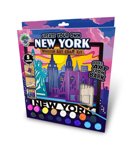 Wooden art craft kit packaging with New York-themed design and paint colors.