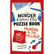 Book cover of 'The Murder Mystery Club Puzzle Book: Murder in the Village' with a red border and puzzle-themed illustrations.