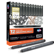 Zieler 12 Fineliner Drawing Pens - Black, Sepia, Grey