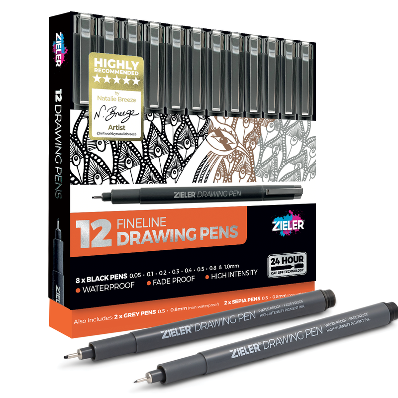Zieler 12 Fineliner Drawing Pens - Black, Sepia, Grey