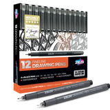 Zieler 12 Fineliner Drawing Pens - Black, Sepia, Grey