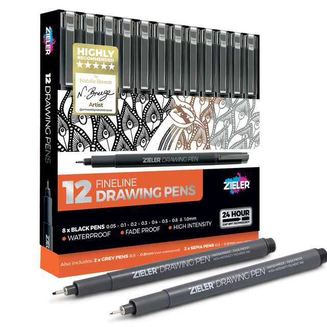 Zieler 12 Fineliner Drawing Pens - Black, Sepia, Grey