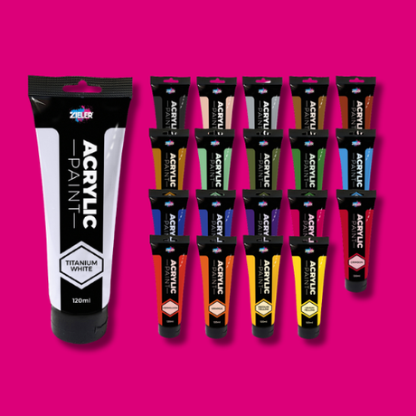 Set of acrylic paint tubes in assorted colours with a bigger tube labeled 'Titanium White'