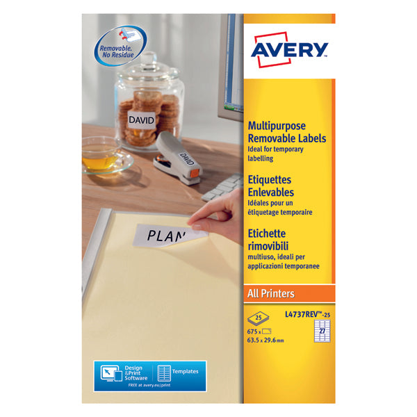 Avery Removable Labels 27 Per Sheet White (Pack of 675) L4737REV-25