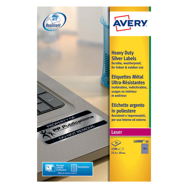 Avery Laser Label H/Duty 189 Per Sheet Silver (Pack of 3780) L6008-20