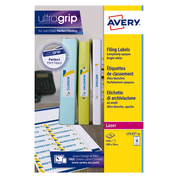 Avery Laser Ring Binder Label 100mmx30mm White (Pack of 450) L7172