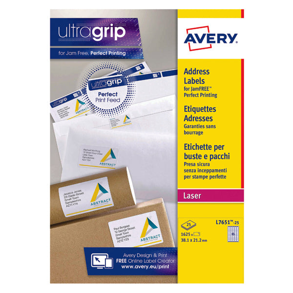 Avery Laser Labels 38.1 x 21.2mm White (Pack of 1625) L7651-25