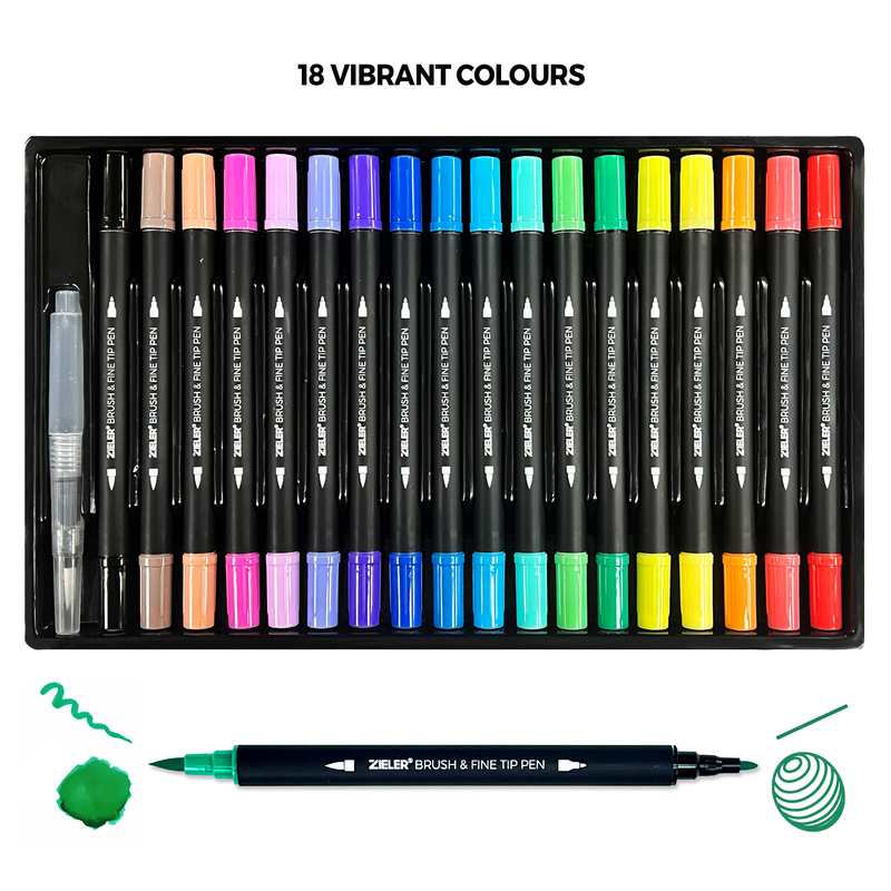 Zieler Brush & Fine Tip Pens with Water Brush (18 Piece Set)