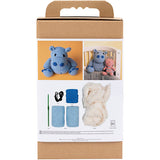 Crochet kit packaging with blue hippo toy, yarn, hook, and instructions on a white background
