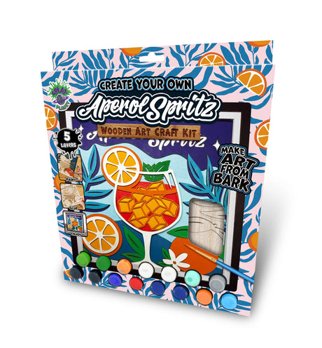 Aperol Spritz-themed wooden art craft kit packaging with colorful design and text.