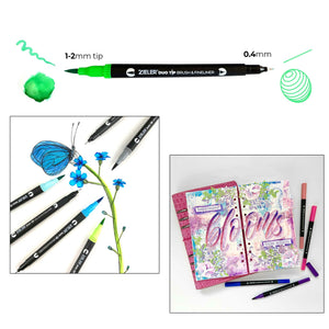 Zieler 24 Duo Tip Colour Pens Fineliner and Brush Pen, A4 Zieler Heavy Weight Cartridge Pad Bundle Set