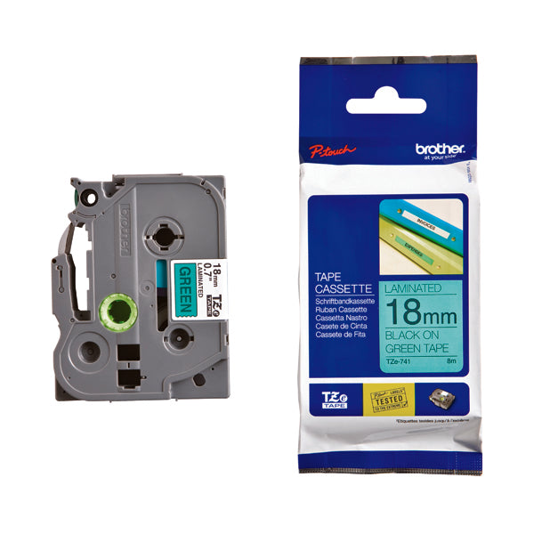 Brother TZe P-Touch Labelling Tape 18mm x 8m Black on Green TZE741
