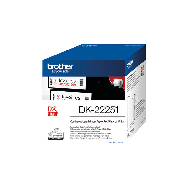 Brother Paper Labelling Tape Continuous Roll Black and Red on White 62mmx15.24m DK-22251