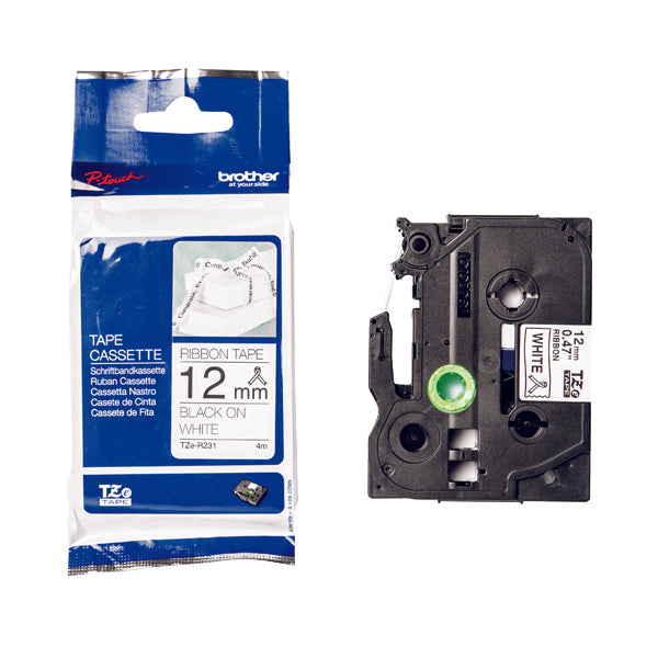 Brother P-Touch Ribbon Labelling Tape 12mm x 4m Black on White TZER231