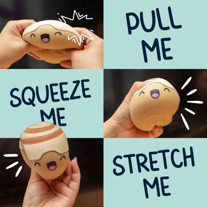 Four quadrants showing a squishy toy being pulled, squeezed, and stretched with text instructions.