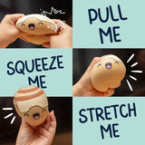 Four quadrants showing a squishy toy being pulled, squeezed, and stretched with text instructions.