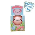 A pink squishy stress toy shaped like an axolotl, shown inside its illustrated retail box on a light green background. The packaging features cartoon axolotl artwork and the words 'RELAXOLOT' and 'squishy stress toy.