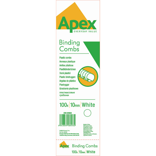 Fellowes Apex Plastic Binding Combs 10mm White (Pack of 100) 6200401