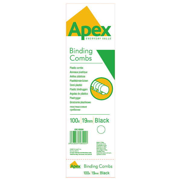 Fellowes Apex Plastic Binding Combs 19mm Black (Pack of 100) 6202501