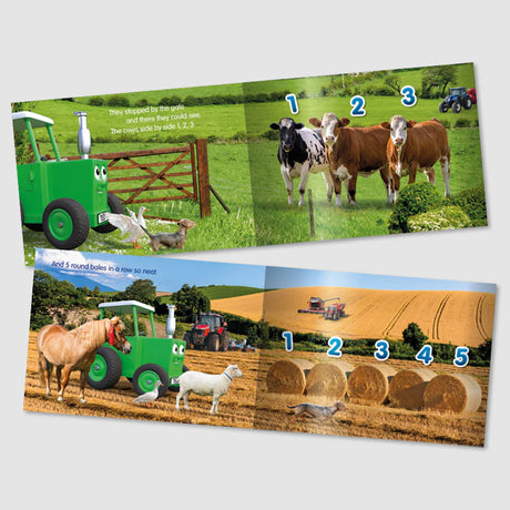 Children's book or educational material with farm-themed illustrations and numbers.