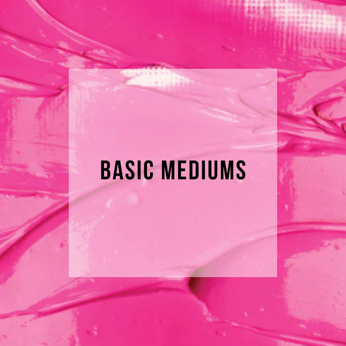Pink paint with a square in the center displaying 'BASIC MEDIUMS' on a pink background