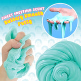 Light blue frosting-colored slime shown being stretched by a hand, with a circular inset of the slime dripping from fingers, plus large text reading 'Sweet Frosting Scent Buttery Smooth Putty' on a blue patterned background.