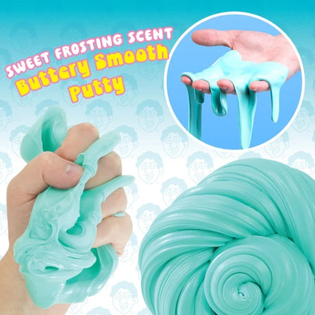 Light blue frosting-colored slime shown being stretched by a hand, with a circular inset of the slime dripping from fingers, plus large text reading 'Sweet Frosting Scent Buttery Smooth Putty' on a blue patterned background.