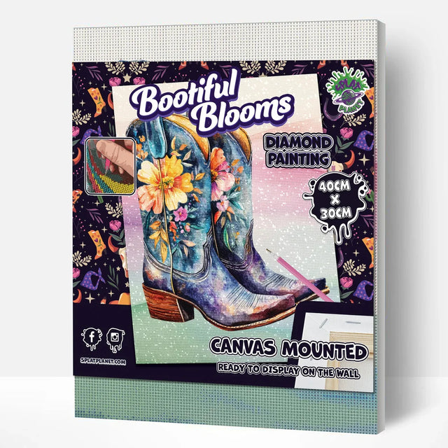 Box for 'Bootiful Blooms' diamond painting kit with a boot design on a colorful background.