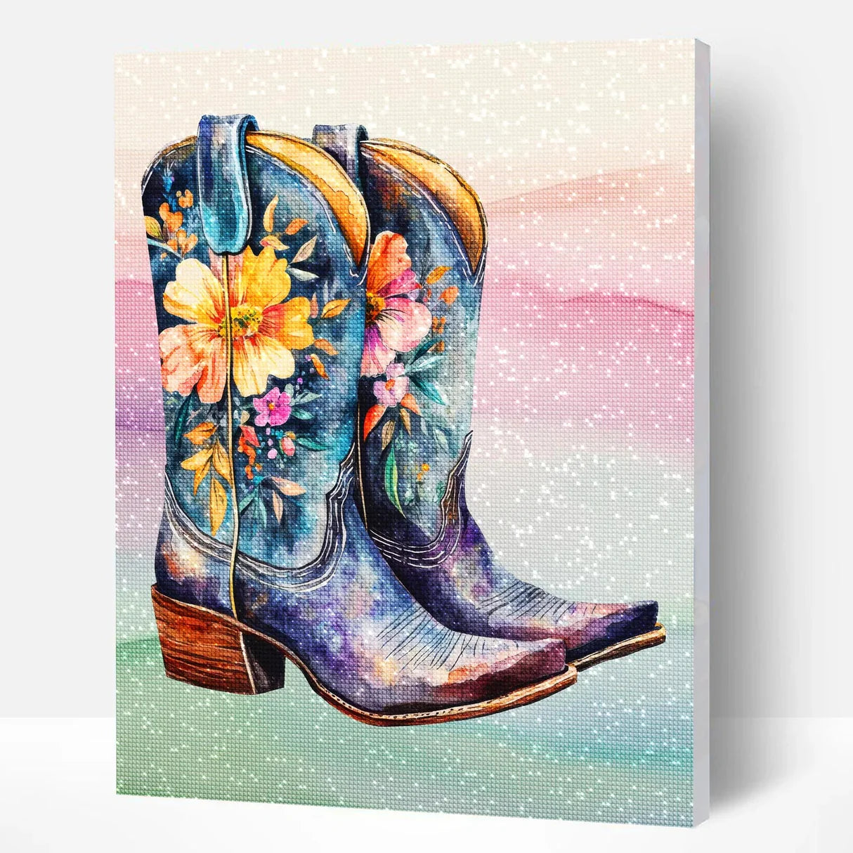 Canvas print of blue cowboy boots with floral designs on a pastel background