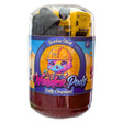 Wonder Pods Party Compound in a clear plastic container with a colorful cartoon label featuring a purple cat character wearing a yellow hard hat. The product contains dark brown compound at the bottom and yellow pods at the top, with a black lid.